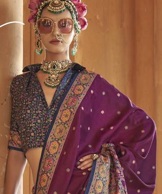 Purple silk blend printed saree with unstitched blouse 4