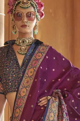 Purple silk blend printed saree with unstitched blouse