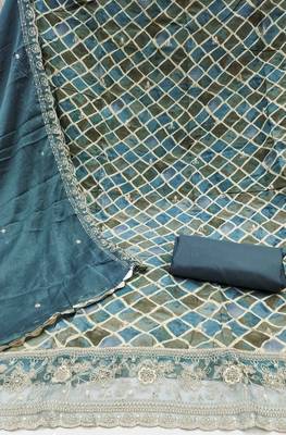 Teal cotton embroidered unstitched dressaterial 3