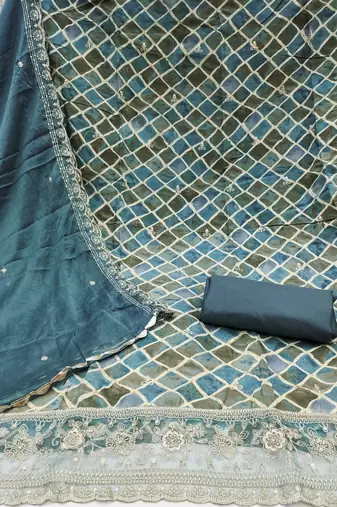Teal cotton embroidered unstitched dressaterial