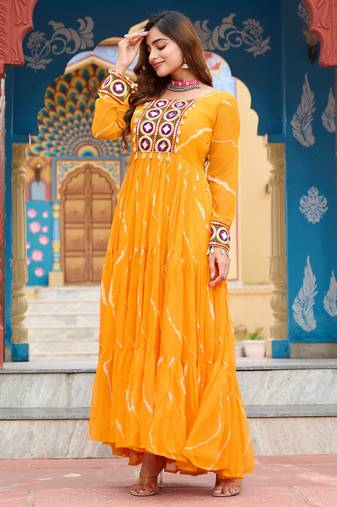 Yellow  faux georgette anarkali gown with laheriya print & kutchi patchwork – navratri special fully stitched dress