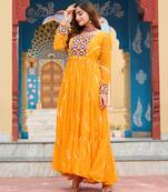 Yellow  faux georgette anarkali gown with laheriya print & kutchi patchwork     navratri special fully stitched dress