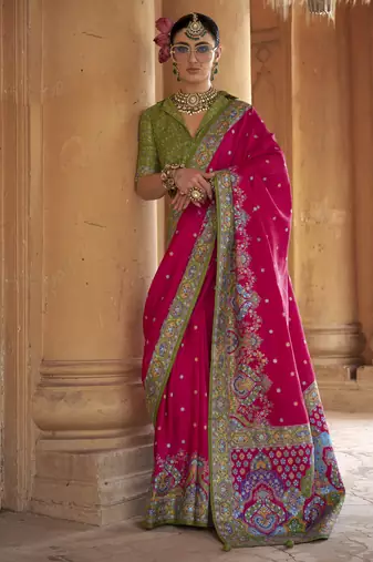 Magenta silk blend printed saree with unstitched blouse piece