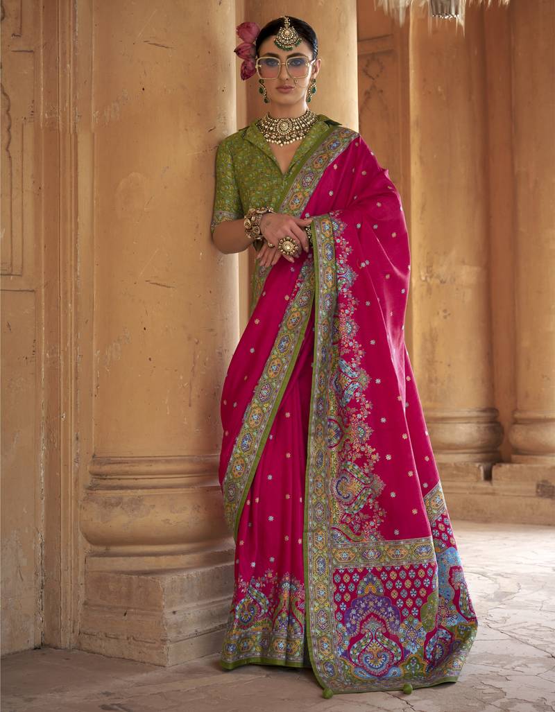 Magenta silk blend printed saree with unstitched blouse