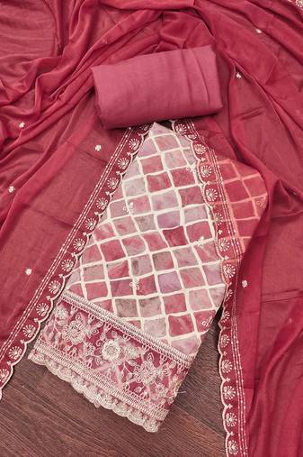 Pink cotton embroidered unstitched dressaterial