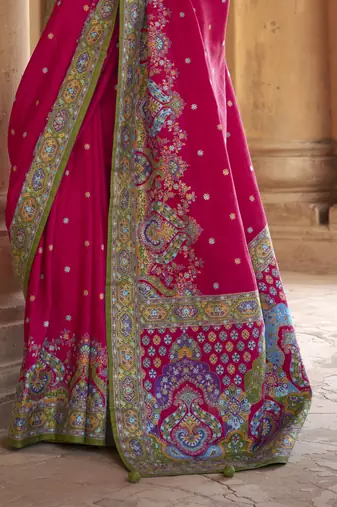 Magenta silk blend printed saree with unstitched blouse