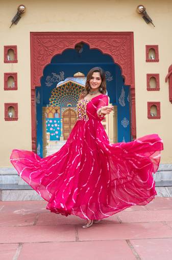 Pink  faux georgette anarkali gown with laheriya print & kutchi patchwork – navratri special fully stitched dress