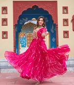 Pink  faux georgette anarkali gown with laheriya print & kutchi patchwork     navratri special fully stitched dress
