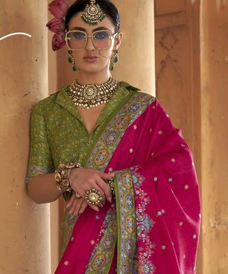 Magenta silk blend printed saree with unstitched blouse 4