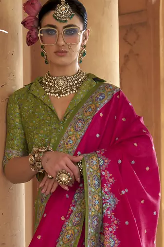 Magenta silk blend printed saree with unstitched blouse