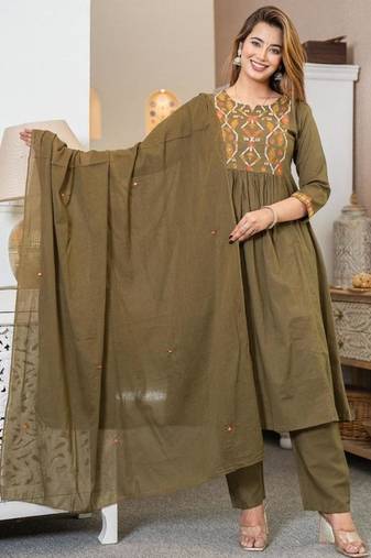 Cotton cambric a-line printed kurti pant dupatta set