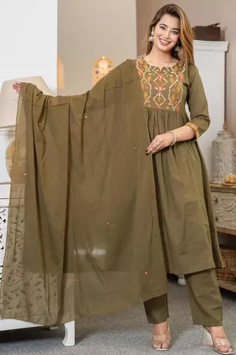 Cotton cambric a-line printed kurti pant dupatta set