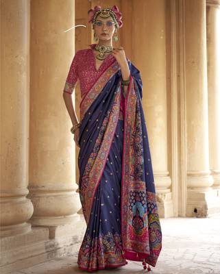 Navy blue silk blend printed saree with unstitched blouse 1