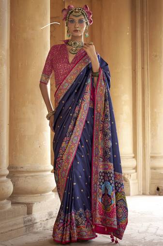Navy blue silk blend printed saree with unstitched blouse