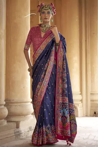 Navy blue silk blend printed saree with unstitched blouse piece
