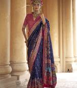 Navy blue silk blend printed saree with unstitched blouse