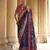 Navy blue silk blend printed saree with unstitched blouse