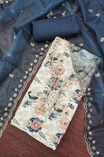 Off white cotton embroidered unstitched dressaterial