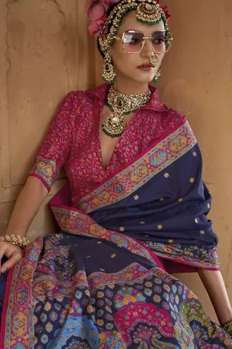 Navy blue silk blend printed saree with unstitched blouse