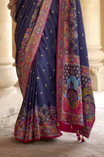 Navy blue silk blend printed saree with unstitched blouse