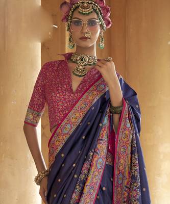 Navy blue silk blend printed saree with unstitched blouse 4