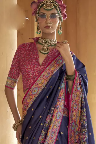 Navy blue silk blend printed saree with unstitched blouse