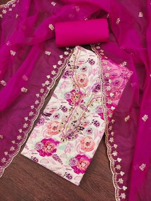 Off white cotton embroidered unstitched dressaterial 1