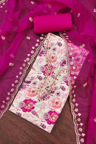 Off white cotton embroidered unstitched dressaterial