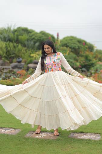 Off-white kora cotton anarkali gown with multicolor thread embroidery & gota patti work – fully stitched festive wear
