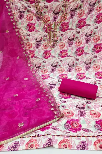 Off white cotton embroidered unstitched dressaterial