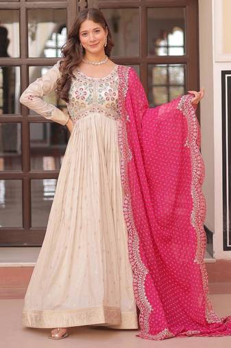 Beige cosmos anarkali gown with pearl & bead embroidered work and pink bandhej dupatta – fully stitched festive wear