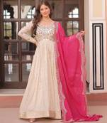 Beige cosmos anarkali gown with pearl & bead embroidered work and pink bandhej dupatta   fully stitched festive wear