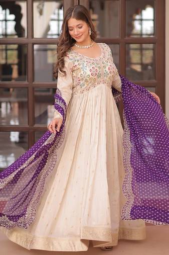 Beige cosmos  anarkali gown with pearl & bead embroidered work and wine bandhej dupatta – fully stitched festive wear