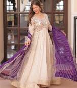 Beige cosmos  anarkali gown with pearl & bead embroidered work and wine bandhej dupatta     fully stitched festive wear