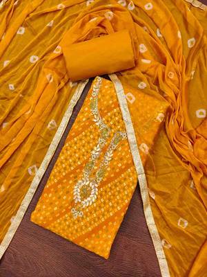 Mustard cotton embroidered unstitched dressaterial 1