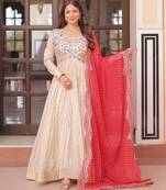 Beige cosmos  anarkali gown with pearl & bead embroidered work and red bandhej dupatta     fully stitched festive wear