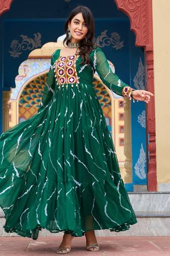 Green faux georgette anarkali gown with laheriya print & kutchi patchwork – navratri special fully stitched dress