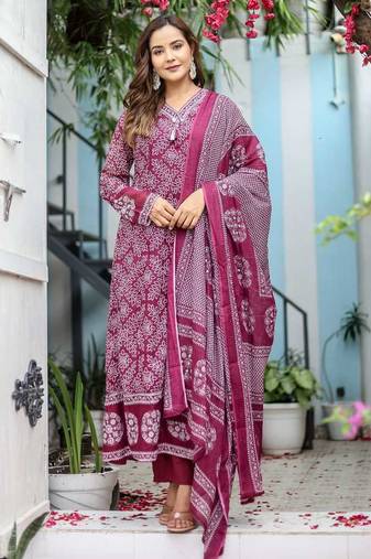 Cotton mulmul anarkali kurti-pant-dupatta set
