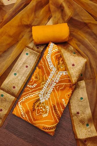Mustard cotton print handwork unstitched dressaterial