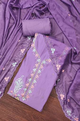 Purple cotton silk embroidered unstitched dressaterial