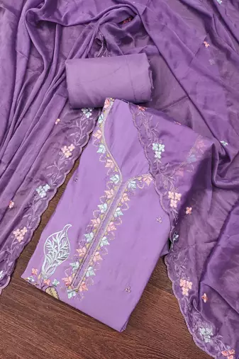Purple cotton silk embroidered unstitched dressaterial