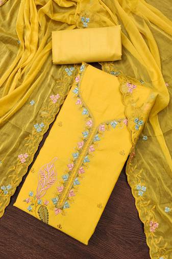 Yellow cotton silk embroidered unstitched dressaterial