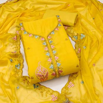 Yellow cotton silk embroidered unstitched dressaterial 2