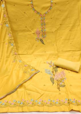 Yellow cotton silk embroidered unstitched dressaterial 3