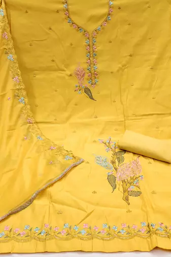 Yellow cotton silk embroidered unstitched dressaterial