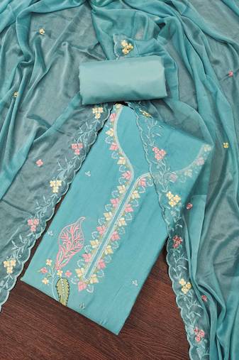 Turquoise cotton silk embroidered unstitched dressaterial