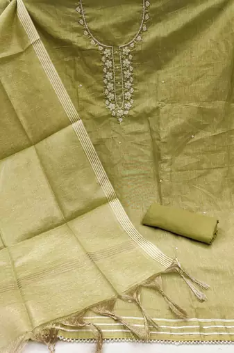 Parrot green shimmer cotton handwork unstitched dressaterial