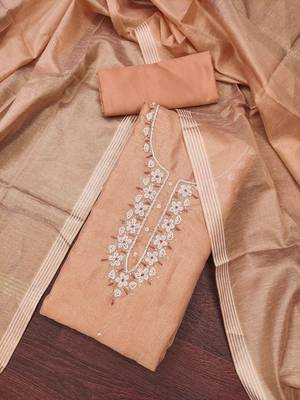 Peach shimmer cotton handwork unstitched dressaterial 1