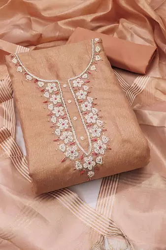 Peach shimmer cotton handwork unstitched dressaterial