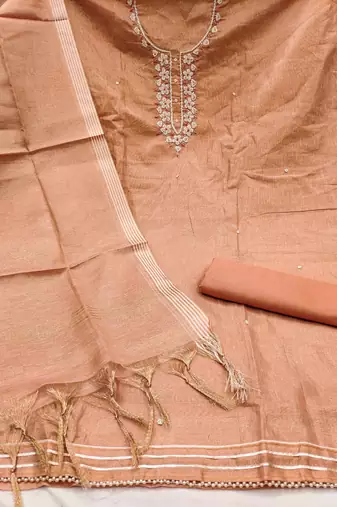Peach shimmer cotton handwork unstitched dressaterial